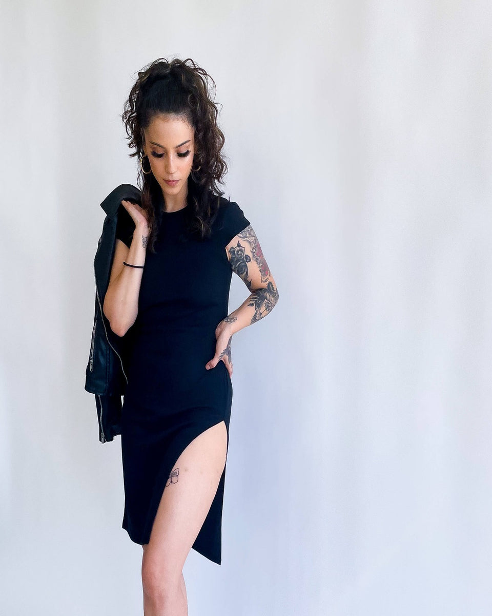 Black High Slit Basic 'Kimberly' Dress S / Beige