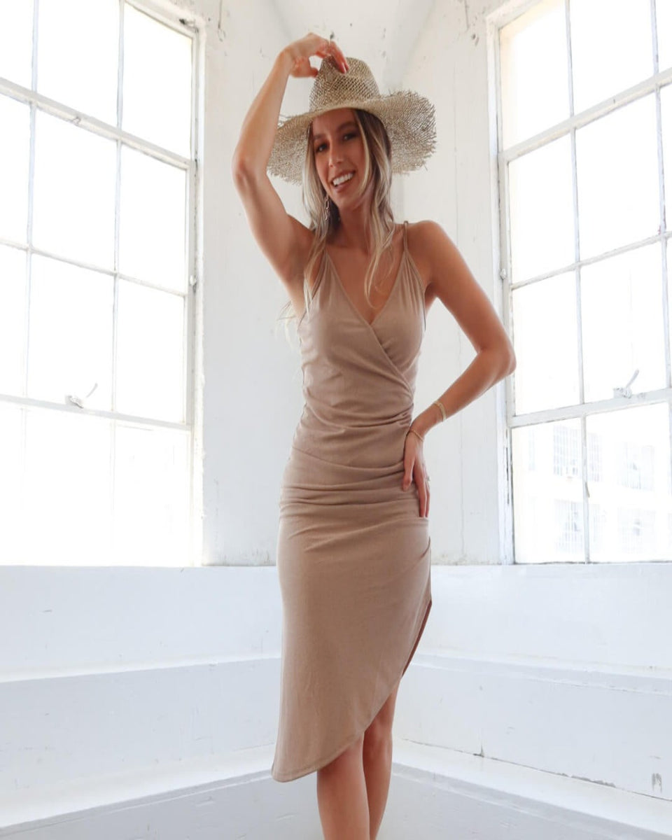 Ladies Drape Wrap Slit High Leg Dress 'Liz' Wrap Dress in Taupe M