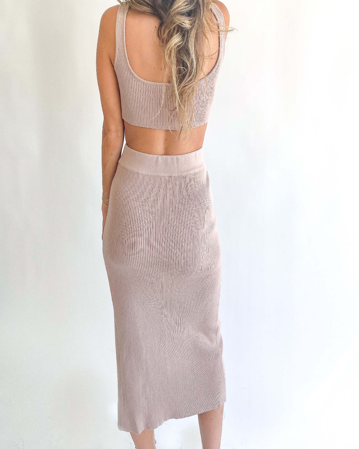 Ladies Knitted Bra Top and Matching Midi Skirt Set  Color: Taupe