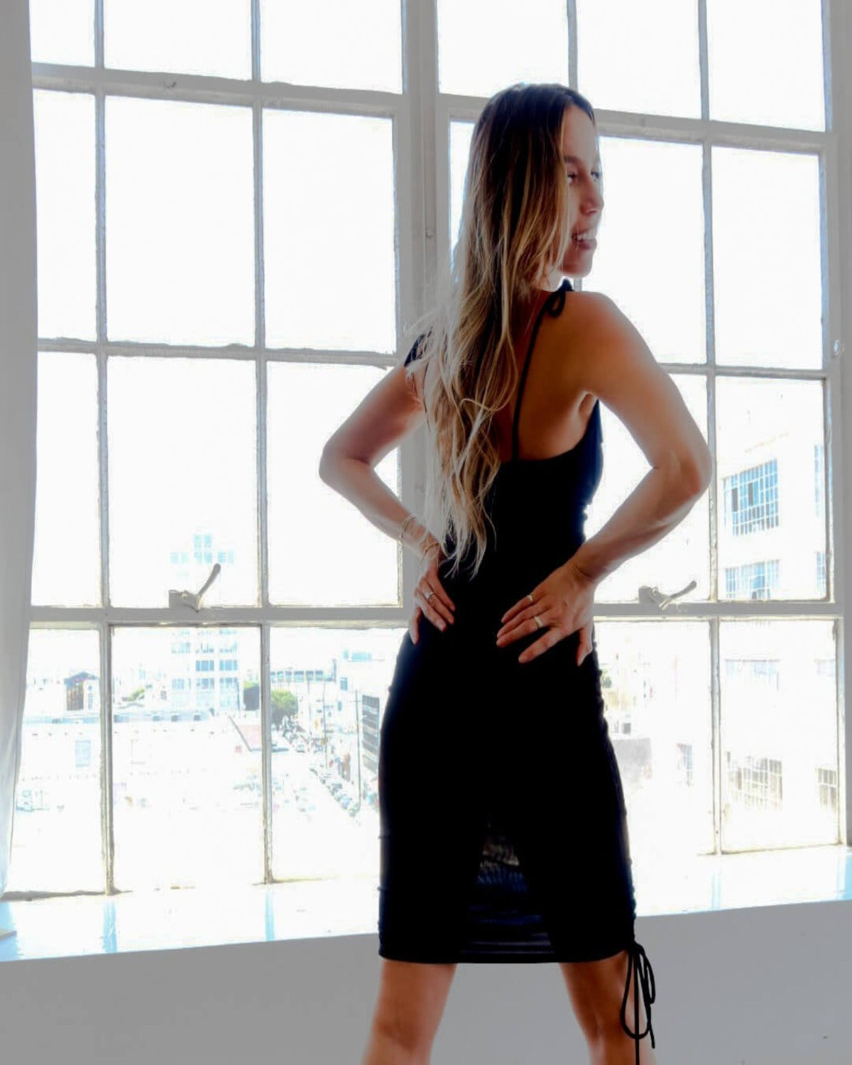 Ladies Drawstring Detail Ruched Black Dress