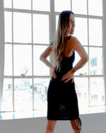 Load image into Gallery viewer, Ladies Drawstring Detail Ruched Black Dress
