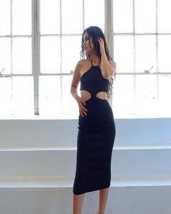 Ladies Knit Rib Halter Cut Out Midi Dress Monseratt' Dress S / Black Ladies Knit Rib Halter Cut Out Midi Dress Monseratt' Dress S / Black