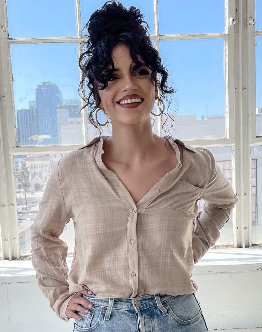 Light Taupe Ladies Plaid Button-Down Shirt 