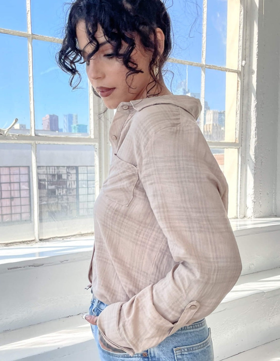 Light Taupe Ladies Plaid Button-Down Shirt