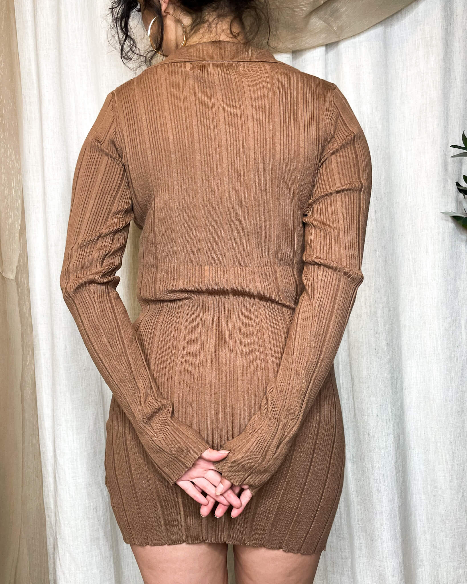 Ladies Knit Ribbed Button Up Sweater Dress   Color: Wood